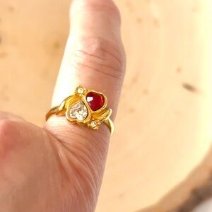 Avon Vintage Gold Ring with Red and Clear Heart Accents